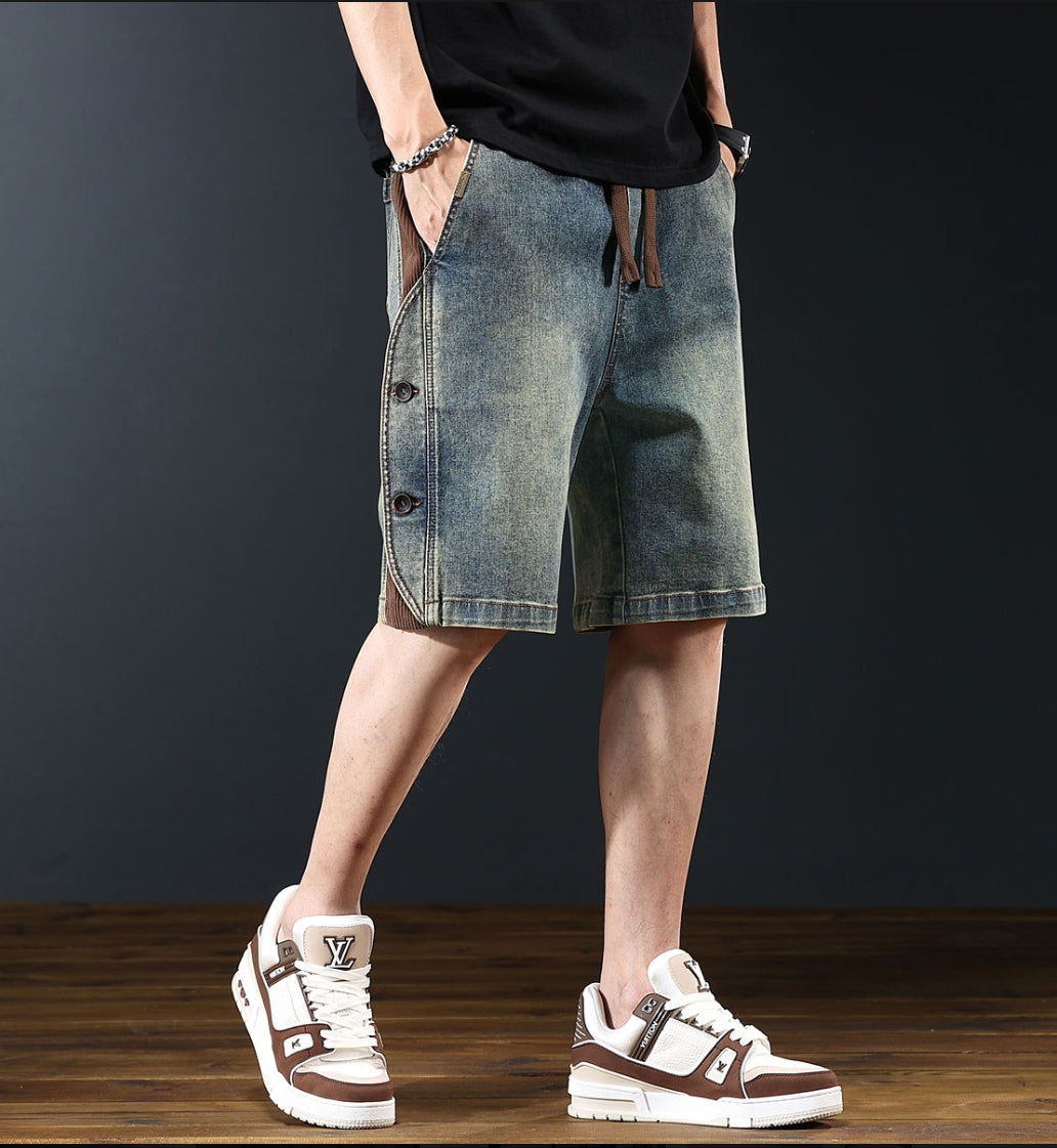 Men's Retro Dark Wash Denim Shorts – Loose Wide Leg Streetwear
