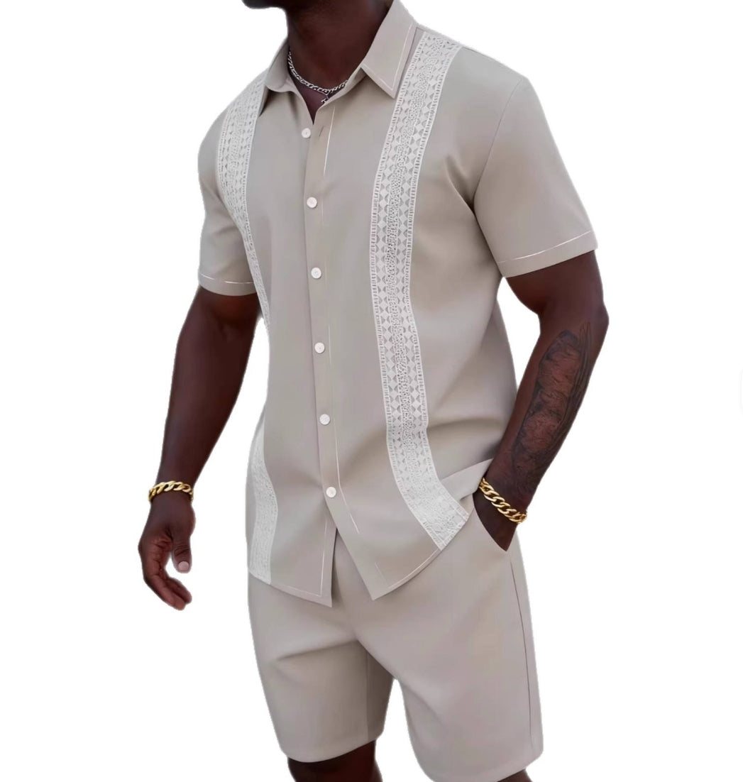Men's Lace Trim Hollow Out Shirt & Shorts Set – 2-Piece Beach Outfit