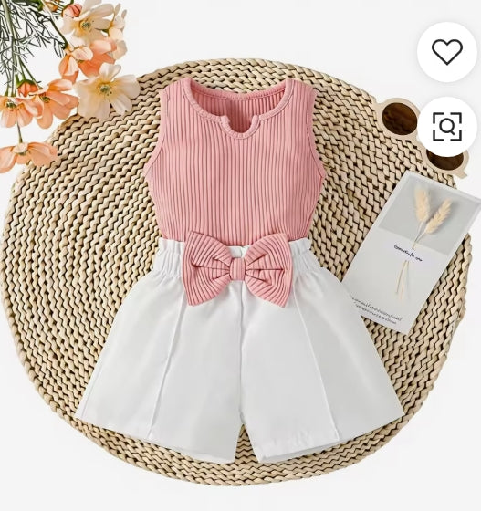 Baby Girls 2-Piece Vest Bow Shorts Set Polyester Cotton V-Neck Summer Clothing