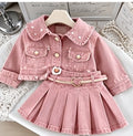 Girls' Pink Pearl Denim Jacket & Pleated Skirt Set with Belt