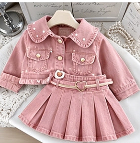 Girls' Pink Pearl Denim Jacket & Pleated Skirt Set with Belt
