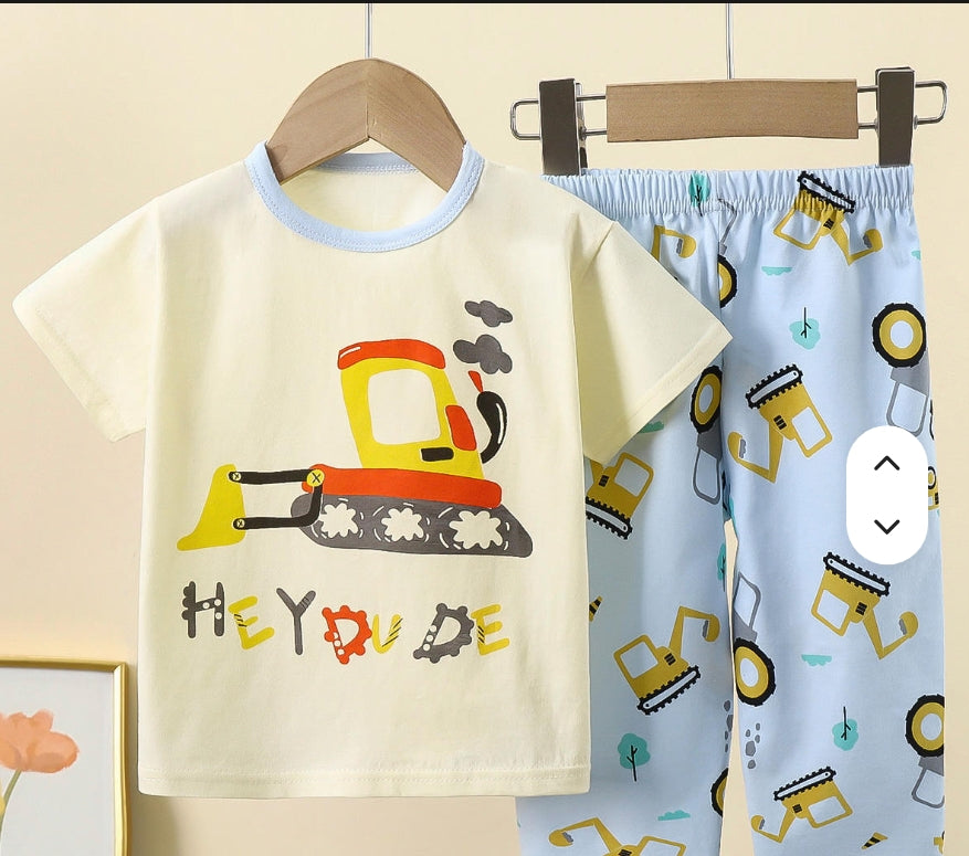 Kids' Summer Cotton Cartoon Short Sleeve T-Shirt & Pants Set