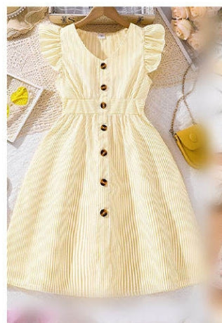 Girls' Cream Flutter Sleeve Button-Front Dress