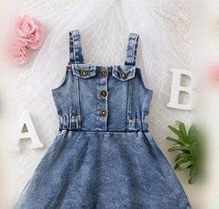 Girls' Denim Dungaree Dress with Lace Skirt Overlay