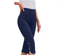 High-Waisted Elastic Mid-Calf Trousers – Women's Button Detail Pants
