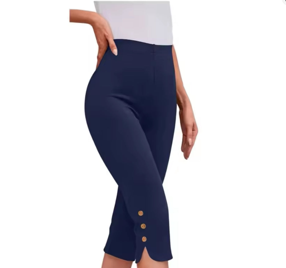 High-Waisted Elastic Mid-Calf Trousers – Women's Button Detail Pants