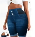 Plus Size Tummy Control Biker Shorts – Faux Denim High Waist Yoga Bottoms