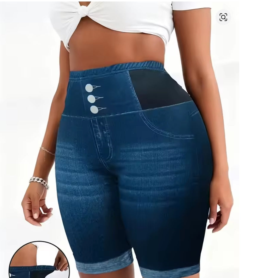 Plus Size Tummy Control Biker Shorts – Faux Denim High Waist Yoga Bottoms