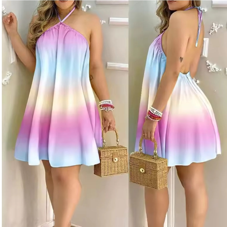 Women's Tropical Leaf Print Halter Neck Mini Dress – Sleeveless Backless Beach Sundress