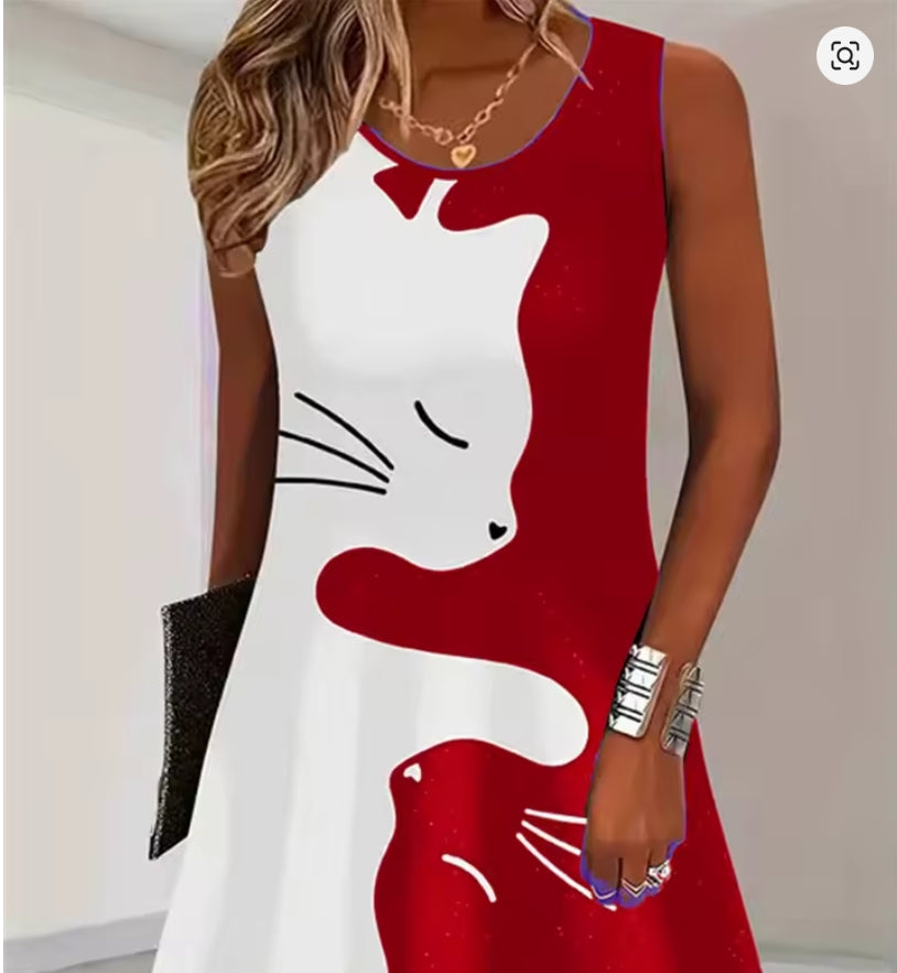 Women's 3D Cat Print Mini Dress – Sleeveless Hip Hop Street Style Plus Size