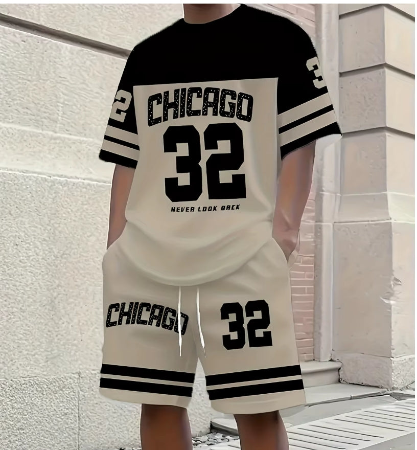 Men's Chicago-Themed Relaxed Two-Piece Set – Printed T-Shirt & Shorts Sports Casual Plus Size