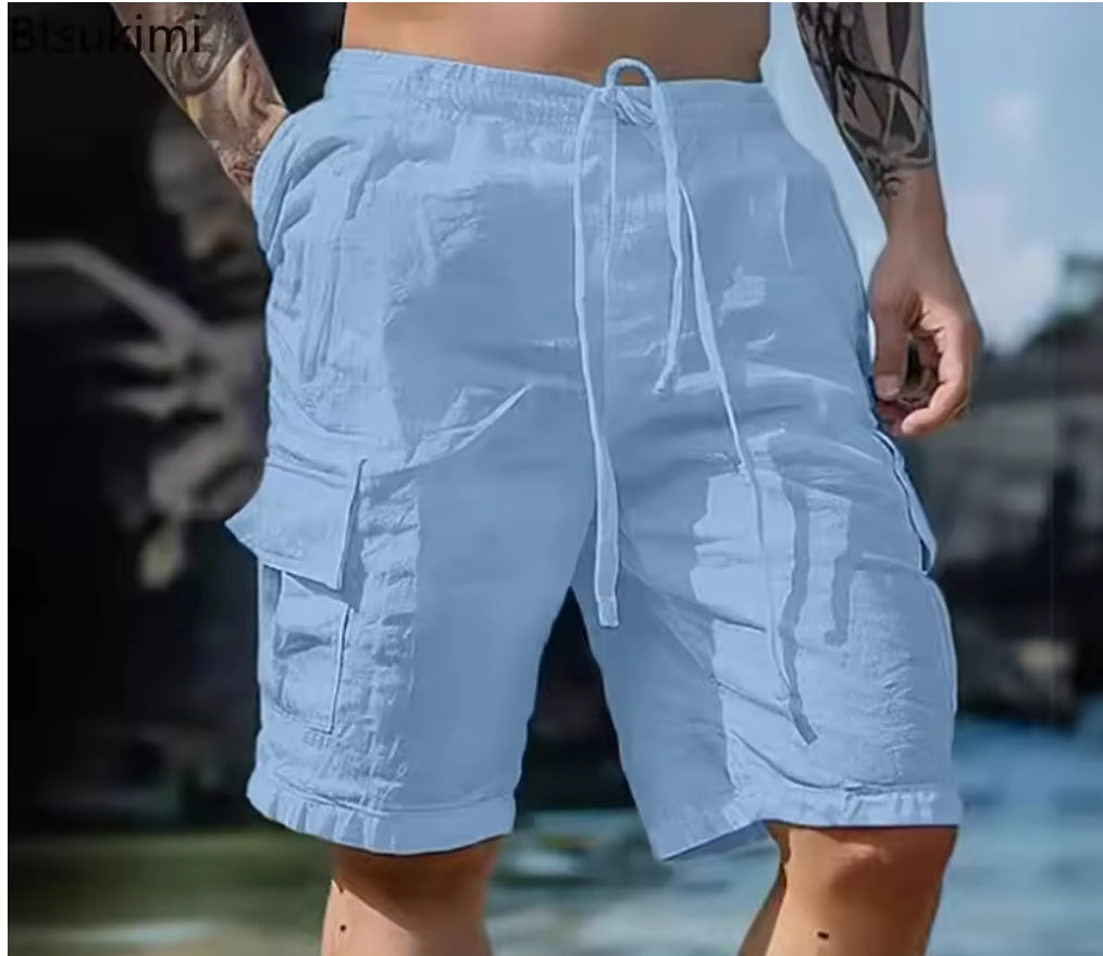 Men's Loose White Cargo Shorts – Streetwear Beachwear Workout Pants with Pockets
