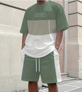 Men's Color-Blocked Two-Piece Set – Short-Sleeve Top & Drawstring Shorts Streetwear