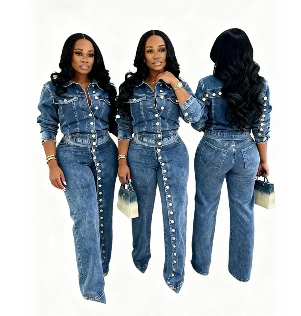Women's Denim 2-Piece Set – Single Breasted Crop Top & Jeans Pants