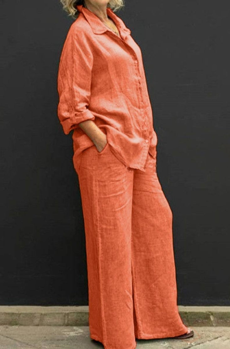 Women's Linen Pleated Shirt & Pants 2-Piece Set – Casual Plus Size Outfit up to 5XL