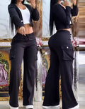 Women's Patchwork Wide Leg Pants & Long Sleeve Crop Top 2-Piece Set with Pockets