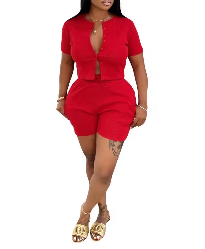 Women's Solid Colour Pocket Round Neck Short Sleeve Top & Shorts Set