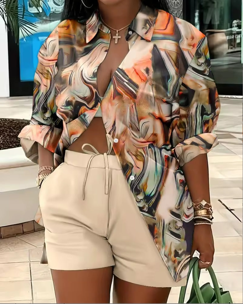 Women's Linen Shirt & Shorts 2-Piece Set – Casual Plus Size Spring Summer Outfit