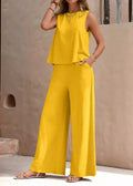 Women's Woven 2-Piece Set with Wide Leg Pants – Lightweight Summer Vacation Leisurewear