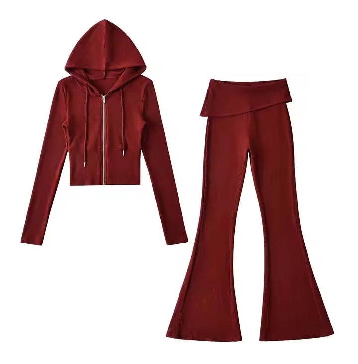Women's Hooded Top & High Waist Slim Flare Pants 2-Piece Set – Casual Chic Autumn Winter Outfit