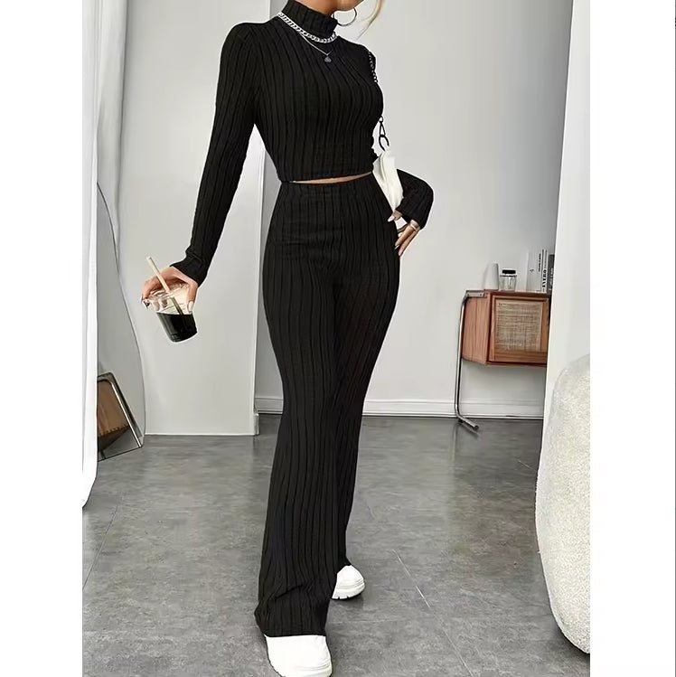 Women's Cozy Knit Tracksuit Hooded Sweatshirt & Loose Straight Pants 2-Piece Set