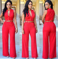 Women's High Waist Sleeveless Wide Leg Pants Jumpsuit with Belt – Stand Collar One-Piece
