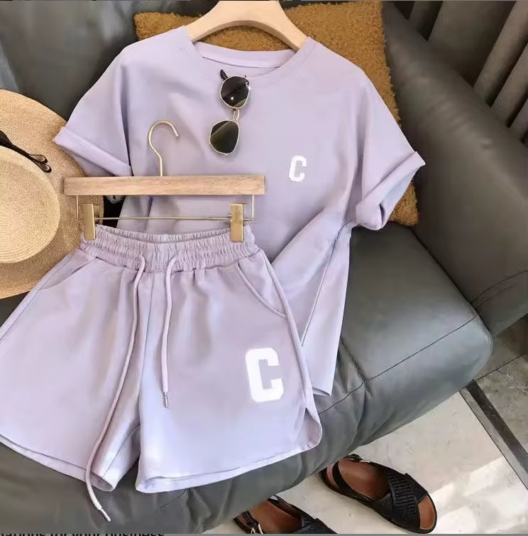 Women's Letter Print Short Sleeve T-Shirt & Drawstring Shorts Sport Tracksuit 2-Piece Set