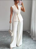 Women's Elegant Knit Sleeveless Collared Vest & Straight-Leg Pants 2-Piece Set – Casual Summer Daily Wear