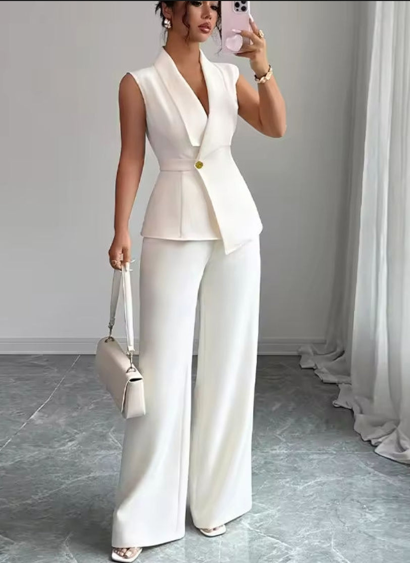 Women's Elegant Knit Sleeveless Collared Vest & Straight-Leg Pants 2-Piece Set – Casual Summer Daily Wear