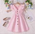 Girls' Plus Size Striped Flutter Sleeve Casual Summer Dress with Button Decoration