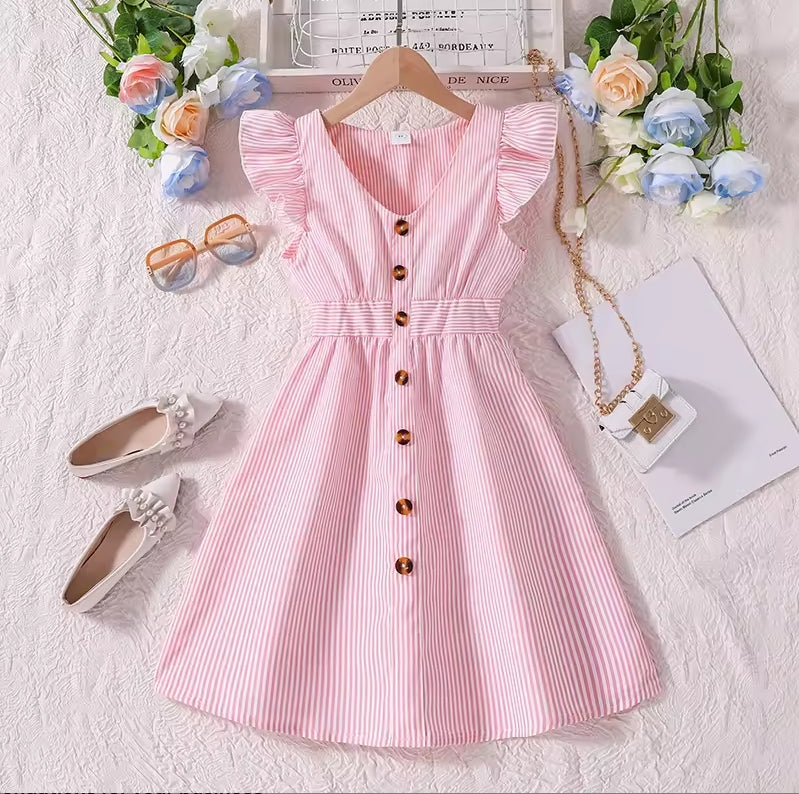 Girls' Plus Size Striped Flutter Sleeve Casual Summer Dress with Button Decoration