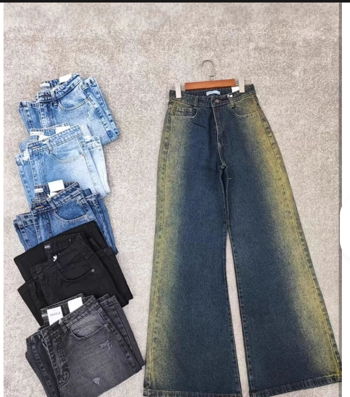 Women's High Waist Wide Leg Jeans – Gradient Washed Denim with Frayed Hem