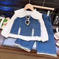 Girls' Cute Baby Shirt & Denim Fabric 3-Piece Casual Clothing Set – 2025 Autumn New Arrival