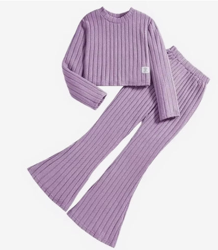 Girls' European American Style Garment Dyed Long Sleeve Top & Flared Pants Casual Suit