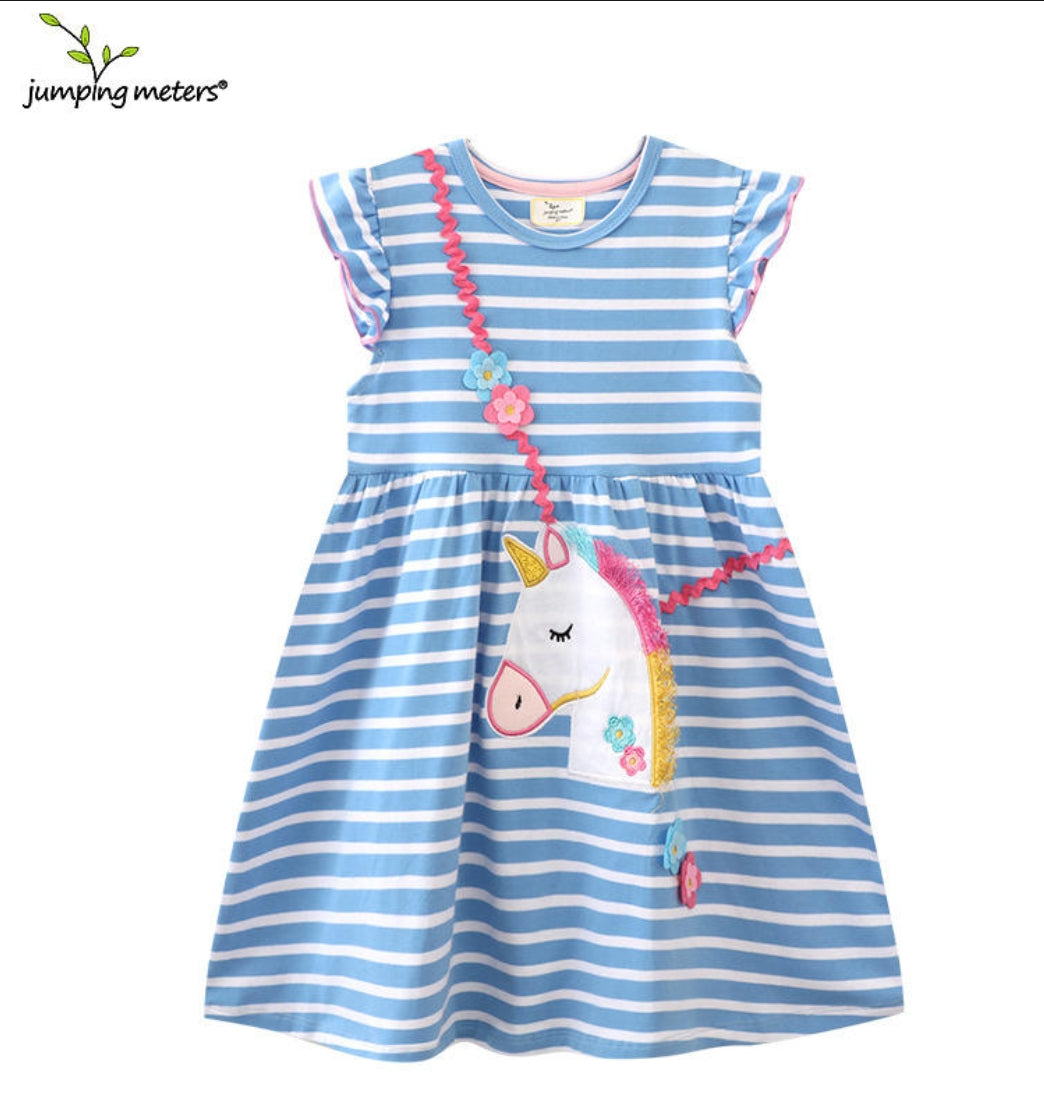 European American Style Girls' Summer Dress – Short Sleeve Princess Knitted Cotton Cute Unicorn Cartoon Eco-Friendly