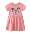Summer Knitted European American Princess Dress for Girls – O-Neck Short Sleeve Sweet Style Embroidery Animal Print