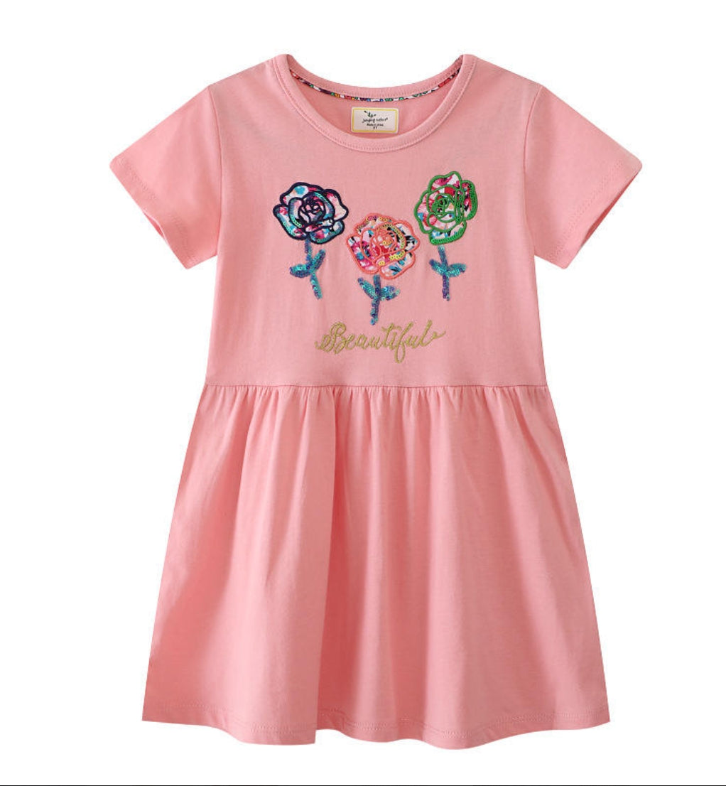 Summer Knitted European American Princess Dress for Girls – O-Neck Short Sleeve Sweet Style Embroidery Animal Print