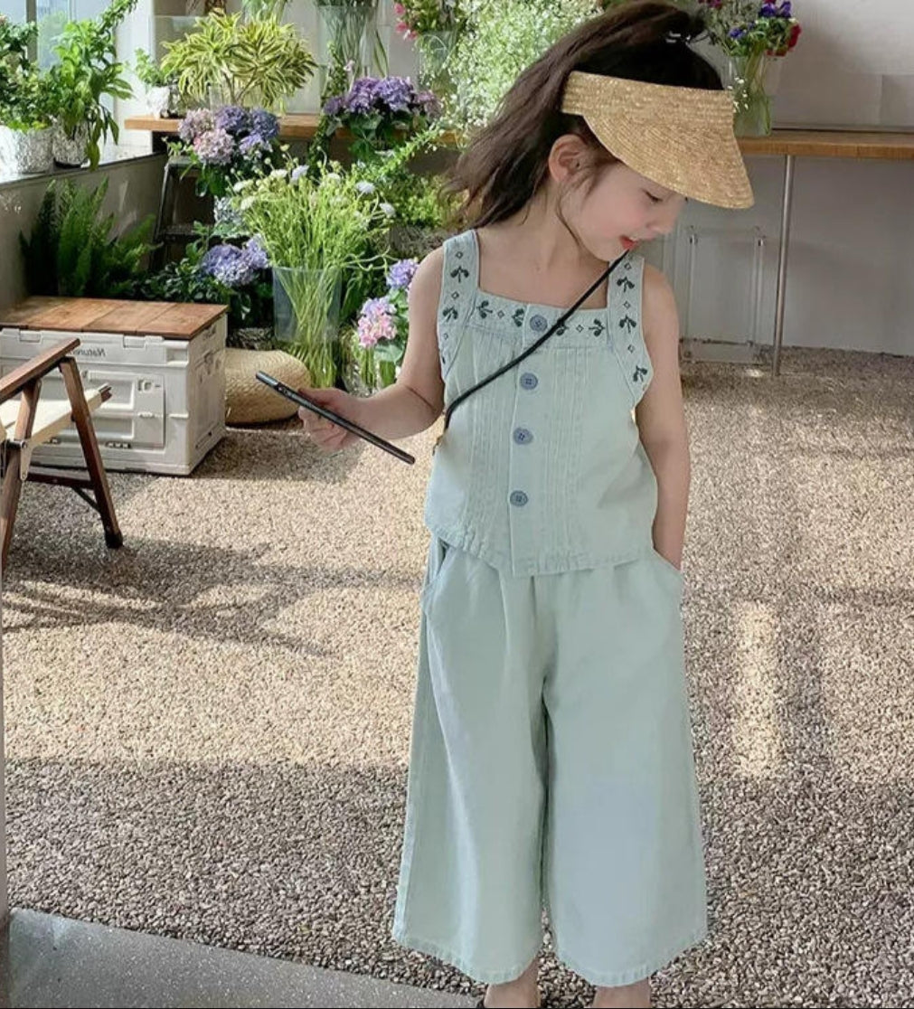 Summer Fashion Girls' Clothing Set – Casual Solid Two-Piece Denim Vest & Wide-Leg Pants | Internet Celebrity Inspired
