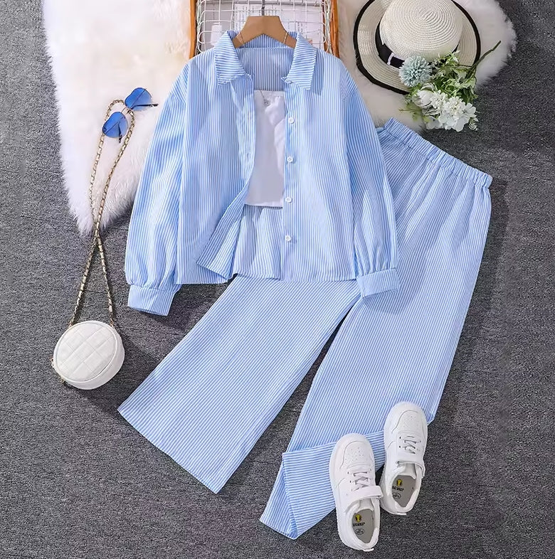 Girls' 2026 Spring Two-Piece Set – Long-Sleeve Shirt & Wide-Leg Pants Stripe Pattern Softened Children's Clothing