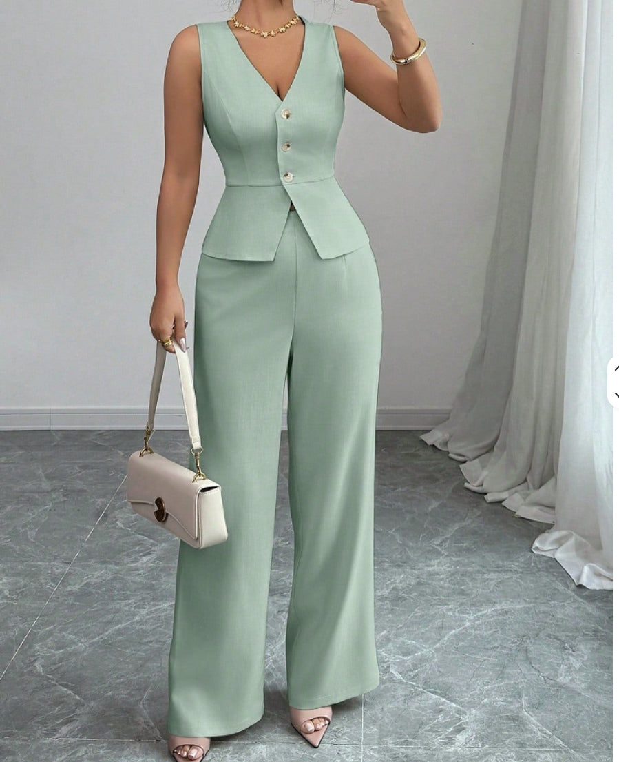 Women's Elegant V-Neck Collarless Office Suit – Formal Business Vest & Wide-Leg Pants Set Stretch Woven OL Workwear