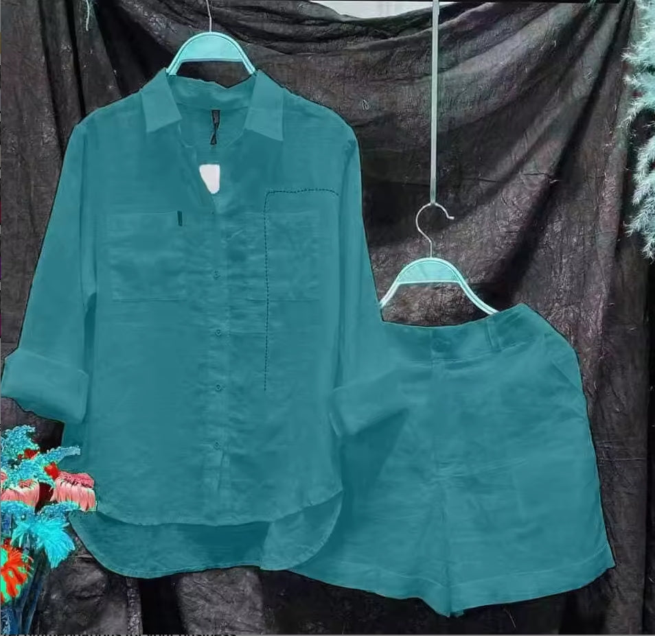 Women's 2025 Spring Summer Elegant Two-Piece Suit – Long Sleeve Lapel Button Shirt & Shorts Solid Color Casual Set