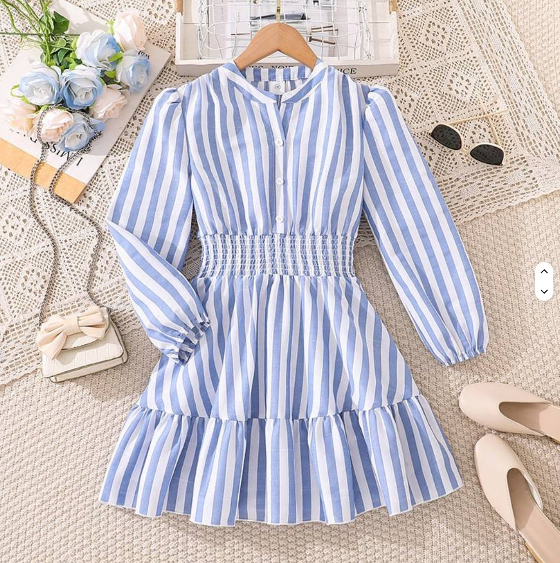 Girls' Blue & White Striped Long Sleeve Ruffle Dress – Fall Teenager Dress for Ages 8-12 Years