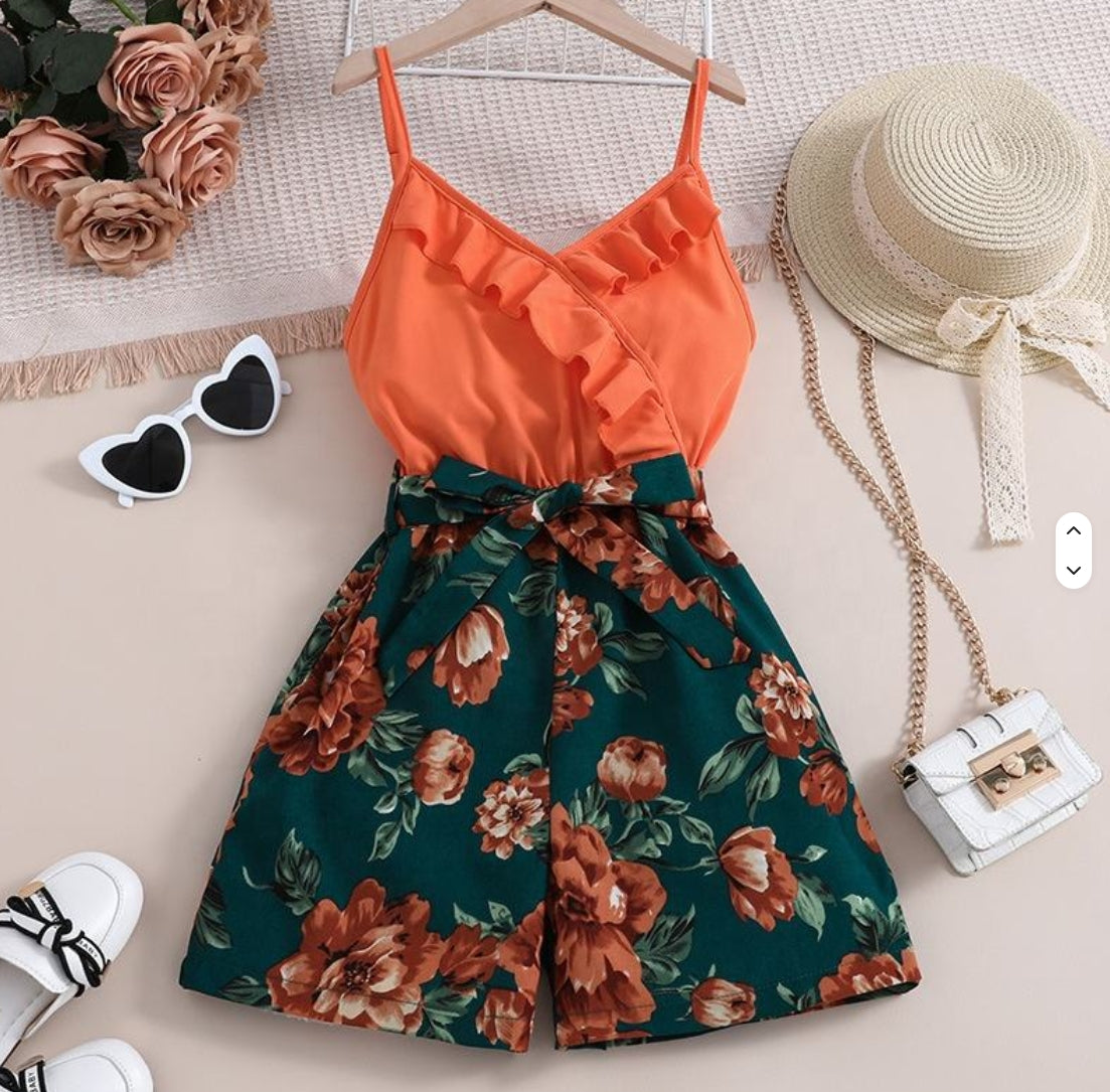 Girls' Sleeveless Ruffle V-Neck Floral Patchwork Jumpsuit – Summer Teenager Big Kids Clothes 2024