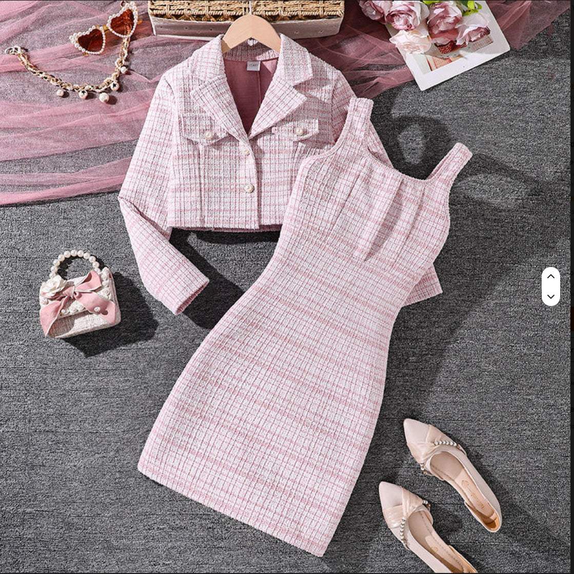 2026 Spring Autumn Kids Girls 8 to 12 Years Checkered Cropped Long Sleeve Blazer Bodycon Dress Teenager Two Piece Clothing Sets