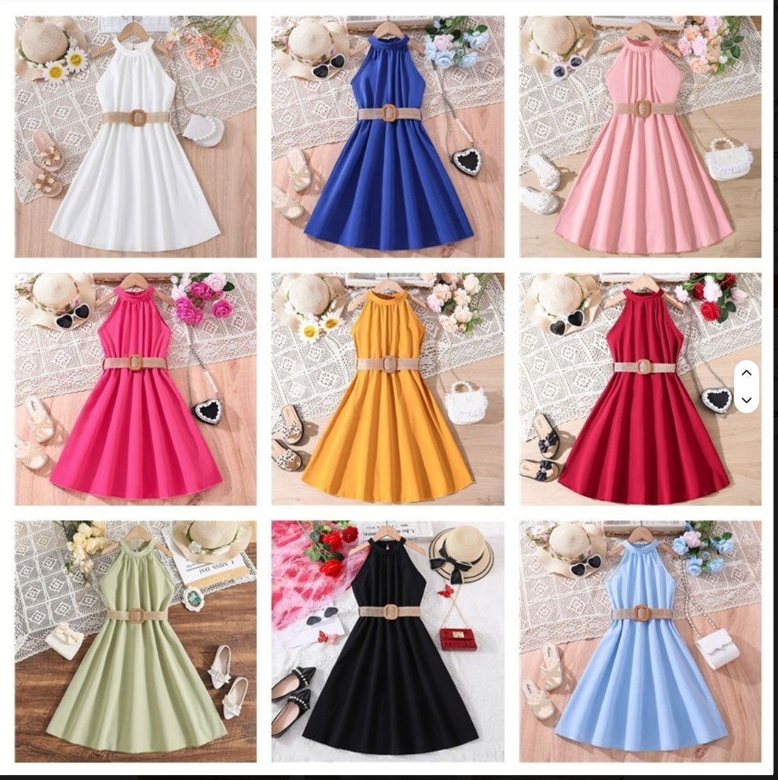 8-12 Years Girls Sweet Solid Knee-Length Casual Summer Dress — Breathable & Washable School Daily Wear
