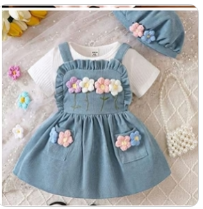 Girls' Floral Appliqué Pinafore Dress 3-Piece Set with Hat